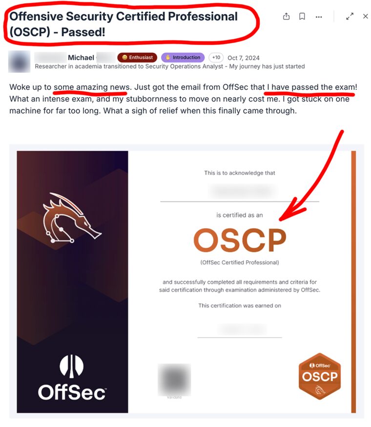 Community post: Offensive Security Certified Professional (OSCP) passed, with the certificate