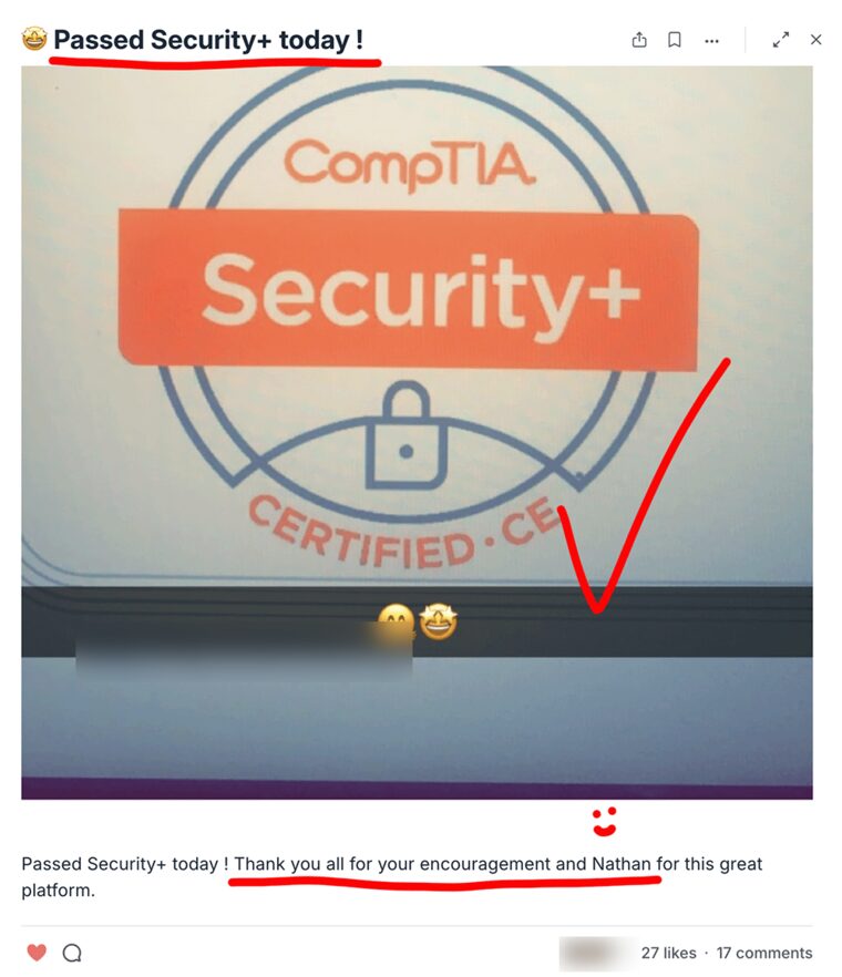 Community post: Passed Security+ today, with a photo of the CompTIA Security+ badge